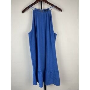 Zara Linen Blend Blue Ruffle Hem Mini Strappy Halter Casual Dress‎ Size M